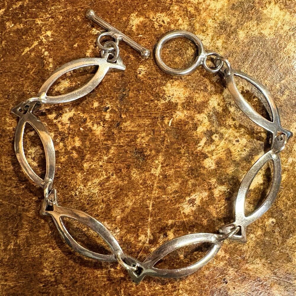 Sterling Silver Ichthys Fish Linked Bracelet Toggle Clasp 7.25 Inches Religious